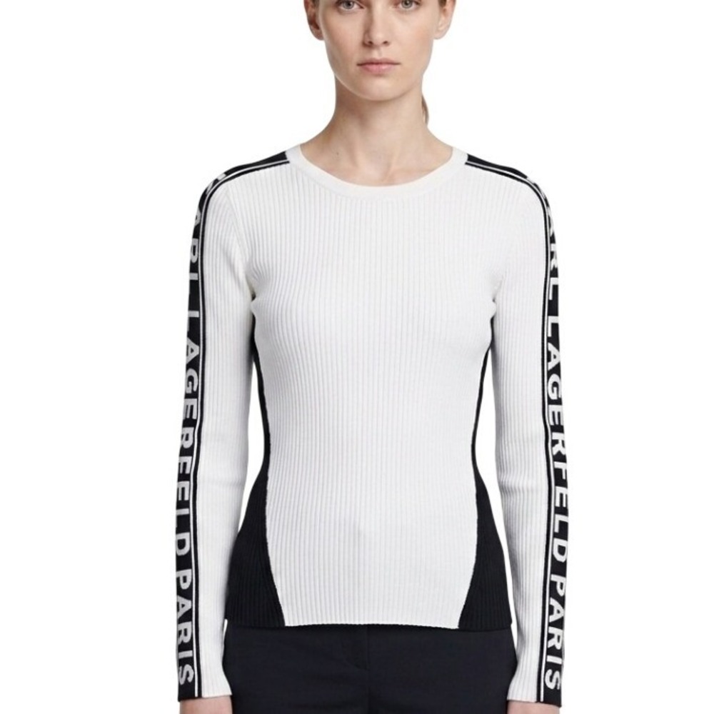 Karl Lagerfeld Paris Ribbed Logo Sweater Womens XS White Black New Parisian Chic